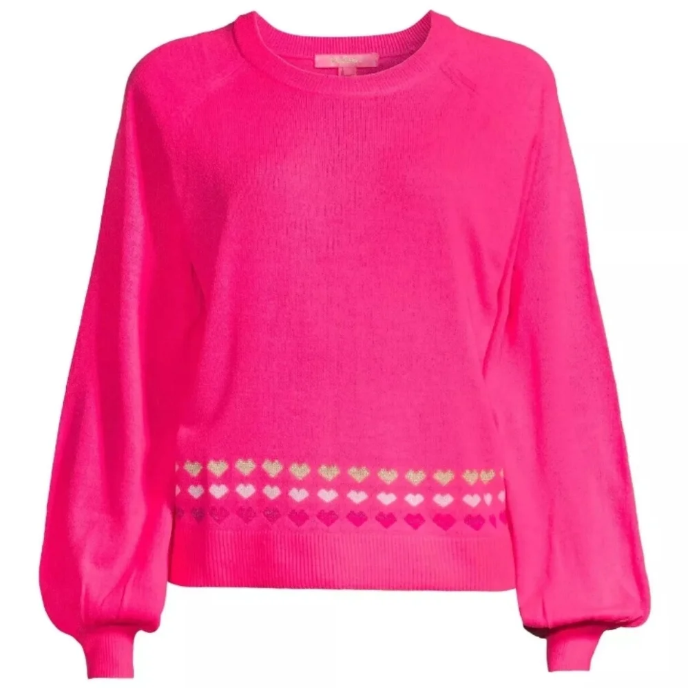 Lilly Pulitzer Alyona Sweater Pink Grenadine Heart Knit Crewneck Balloon Sleeve